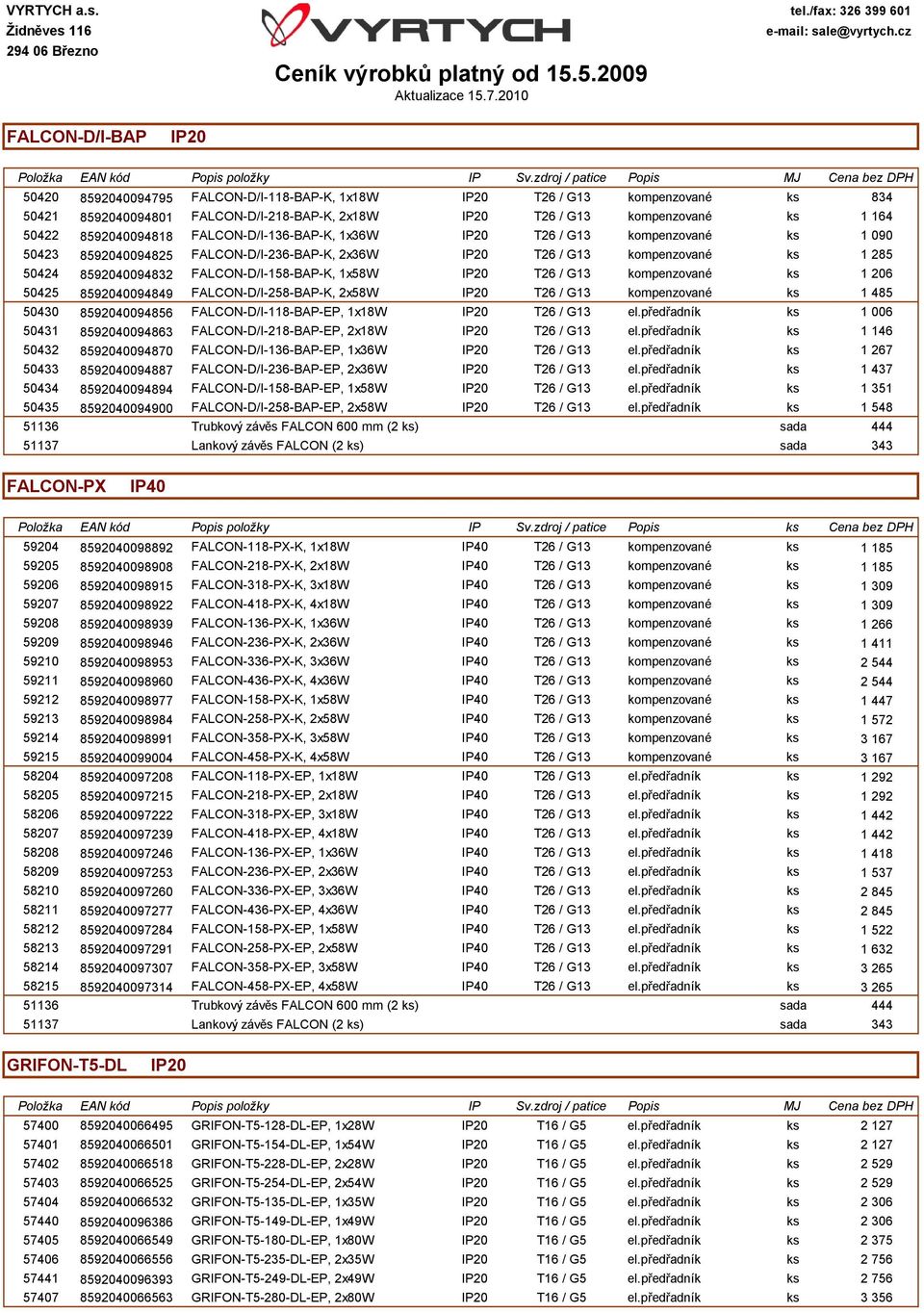 FALCON-D/I-158-BAP-K, 1x58W IP20 T26 / G13 kompenzované ks 1 206 50425 8592040094849 FALCON-D/I-258-BAP-K, 2x58W IP20 T26 / G13 kompenzované ks 1 485 50430 8592040094856 FALCON-D/I-118-BAP-EP, 1x18W