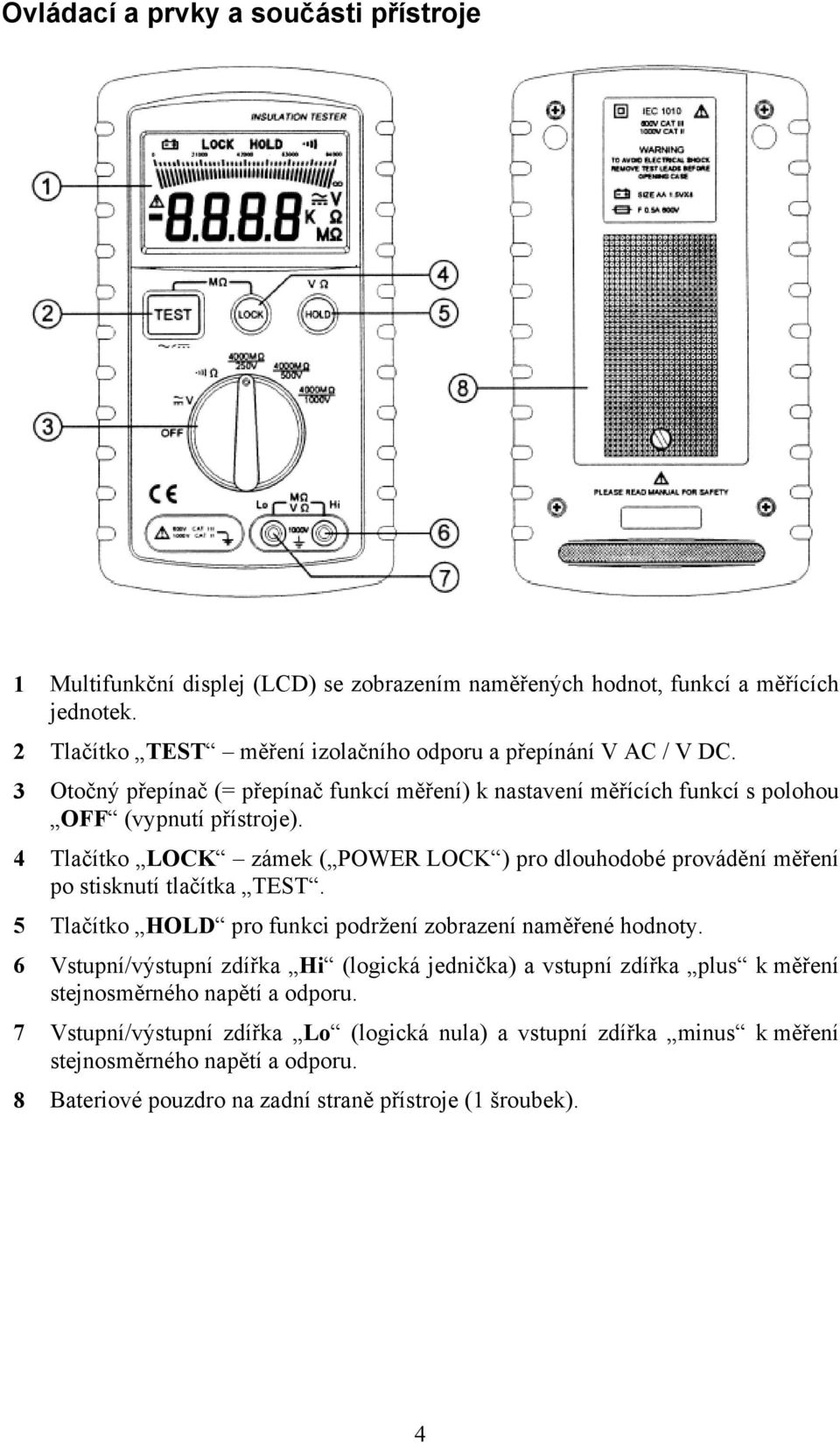 4 Tlačítko LOCK zámek ( POWER LOCK ) pro dlouhodobé provádění měření po stisknutí tlačítka TEST. 5 Tlačítko HOLD pro funkci podržení zobrazení naměřené hodnoty.