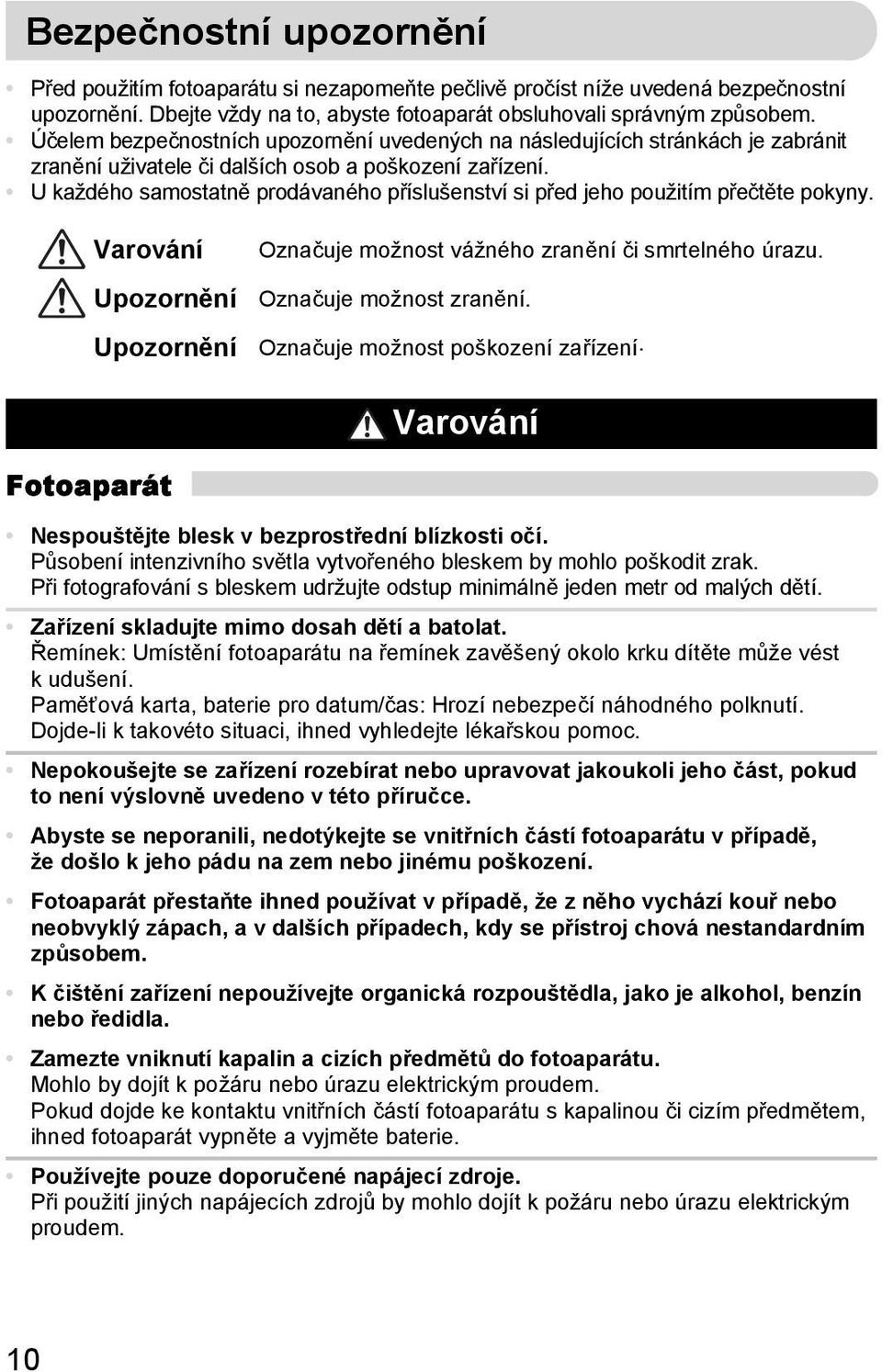 U každého samostatně prodávaného příslušenství si před jeho použitím přečtěte pokyny. Varování Upozornění Upozornění Označuje možnost vážného zranění či smrtelného úrazu. Označuje možnost zranění.