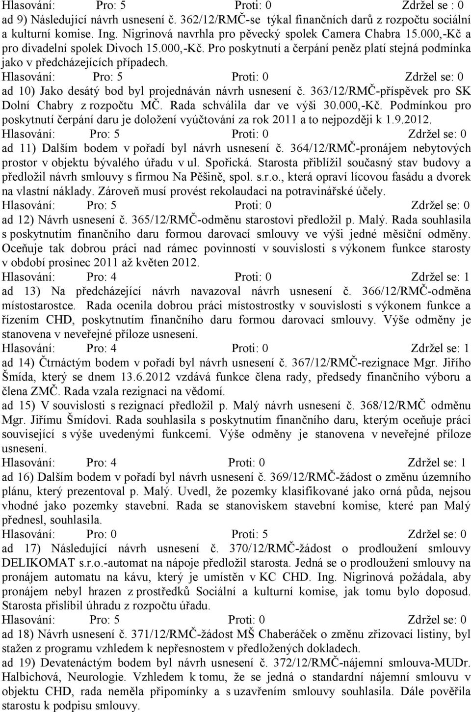 ad 10) Jako desátý bod byl projednáván návrh usnesení. 363/12/RM -p ísp vek pro SK Dolní Chabry z rozpo tu M. Rada schválila dar ve výši 30.000,-K.