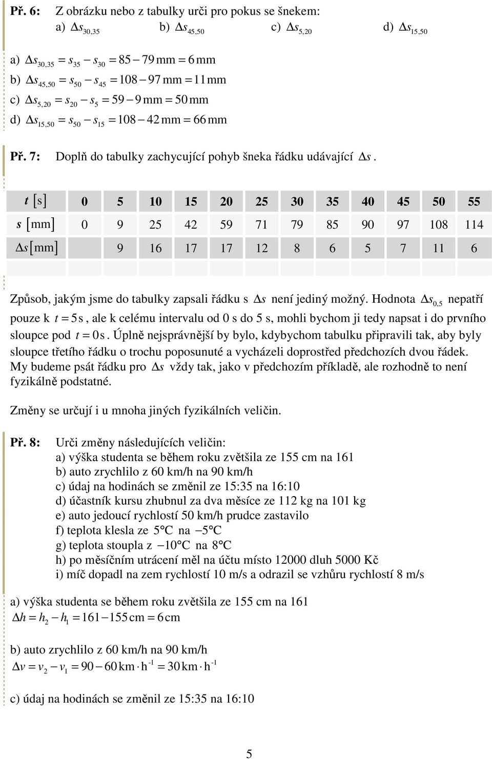t [ s ] 0 5 10 15 20 25 30 35 40 45 50 55 s [ mm ] 0 9 25 42 59 71 79 85 90 97 108 114 [ mm] s 9 16 17 17 12 8 6 5 7 11 6 Způsob, jakým jsme do tabulky zapsali řádku s s není jediný možný.