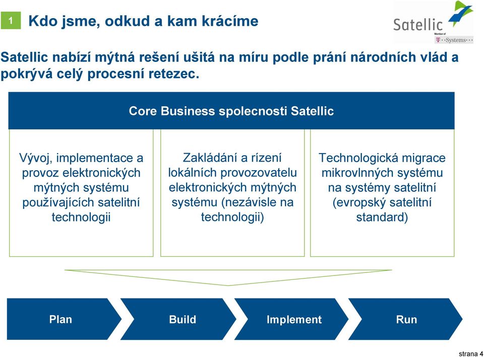 Core Business spolecnosti Satellic Vývoj, implementace a provoz elektronických mýtných systému používajících satelitní