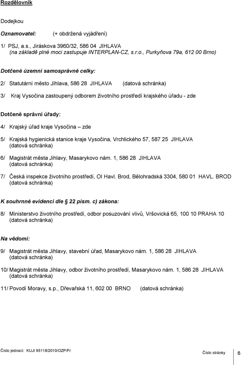 Vysočina zde 5/ Krajská hygienická stanice kraje Vysočina, Vrchlického 57, 587 25 JIHLAVA 6/ Magistrát města Jihlavy, Masarykovo nám. 1, 586 28 JIHLAVA 7/ Česká inspekce životního prostředí, OI Havl.