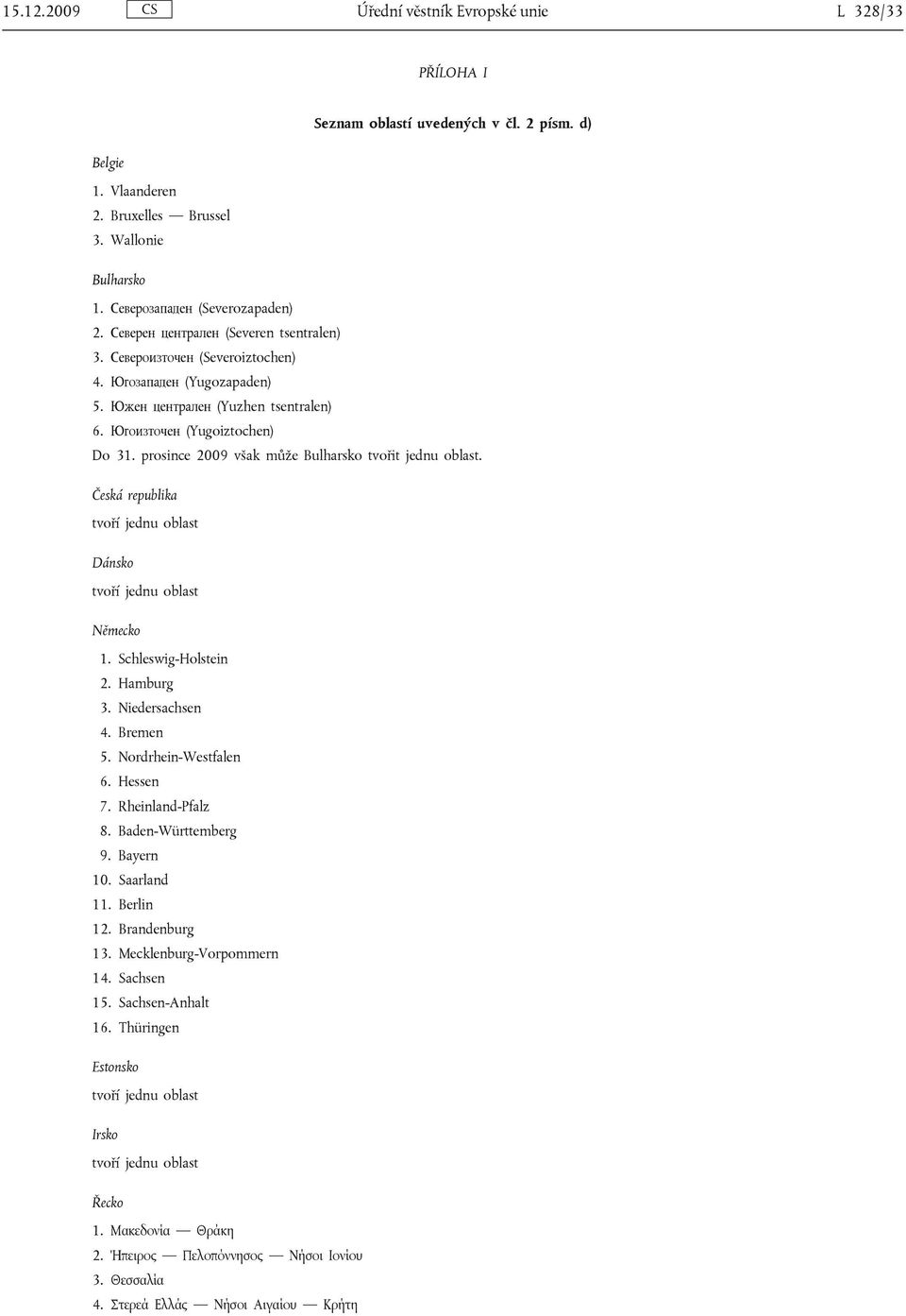 prosince 2009 však může Bulharsko tvořit jednu oblast. Česká republika Dánsko Německo 1. Schleswig-Holstein 2. Hamburg 3. Niedersachsen 4. Bremen 5. Nordrhein-Westfalen 6. Hessen 7. Rheinland-Pfalz 8.
