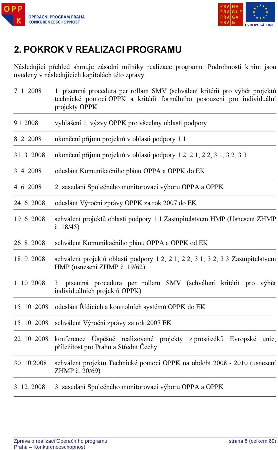 výzvy OPPK pro všechny oblasti podpory 8. 2. 2008 ukončení příjmu projektů v oblasti podpory 1.1 31. 3. 2008 ukončení příjmu projektů v oblasti podpory 1.2, 2.1, 2.2, 3.1, 3.2, 3.3 3. 4.