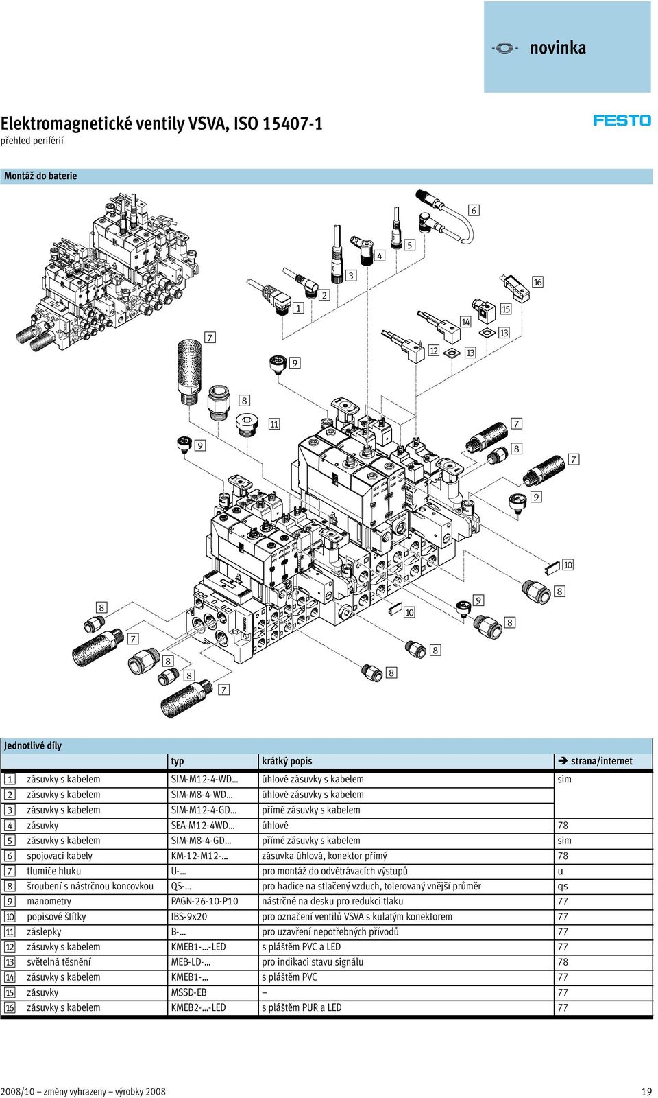 kabelem zásuvky SEA-M1-WD úhlové 78 5 zásuvky s kabelem SIM-M8--GD přímé zásuvky s kabelem sim 6 spojovací kabely KM-1-M1- zásuvka úhlová, konektor přímý 78 7 tlumiče hluku U- pro montáž do