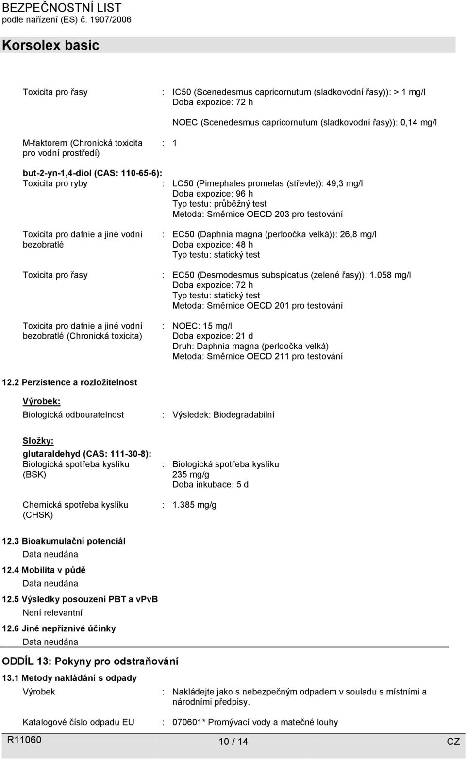 testování Toxicita pro dafnie a jiné vodní bezobratlé Toxicita pro řasy Toxicita pro dafnie a jiné vodní bezobratlé (Chronická toxicita) : EC50 (Daphnia magna (perloočka velká)): 26,8 mg/l Doba