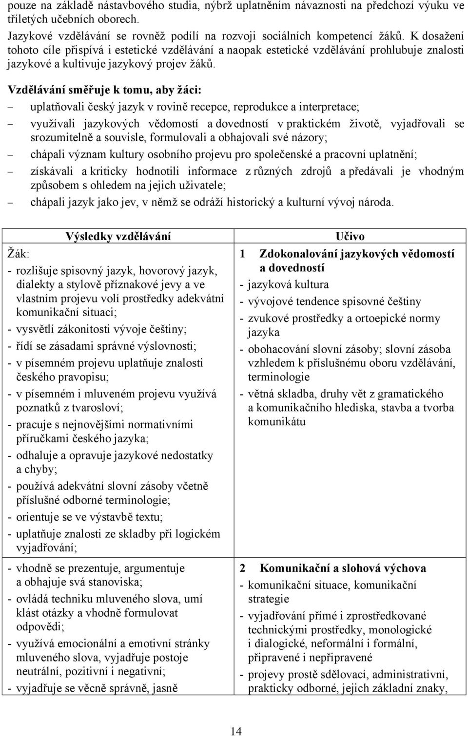 Vzdělávání směřuje k tomu, aby žáci: uplatňovali český jazyk v rovině recepce, reprodukce a interpretace; využívali jazykových vědomostí a dovedností v praktickém životě, vyjadřovali se srozumitelně