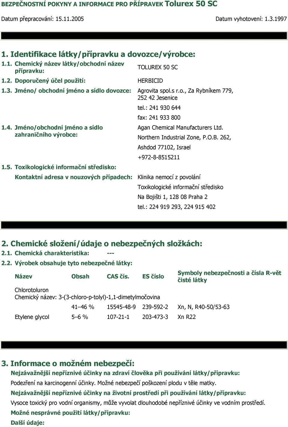 5. Toxikologické informační středisko: Kontaktní adresa v nouzových případech: fax: 241 933 800 Agan Chemical Manufacturers Ltd. Northern Industrial Zone, P.O.B.