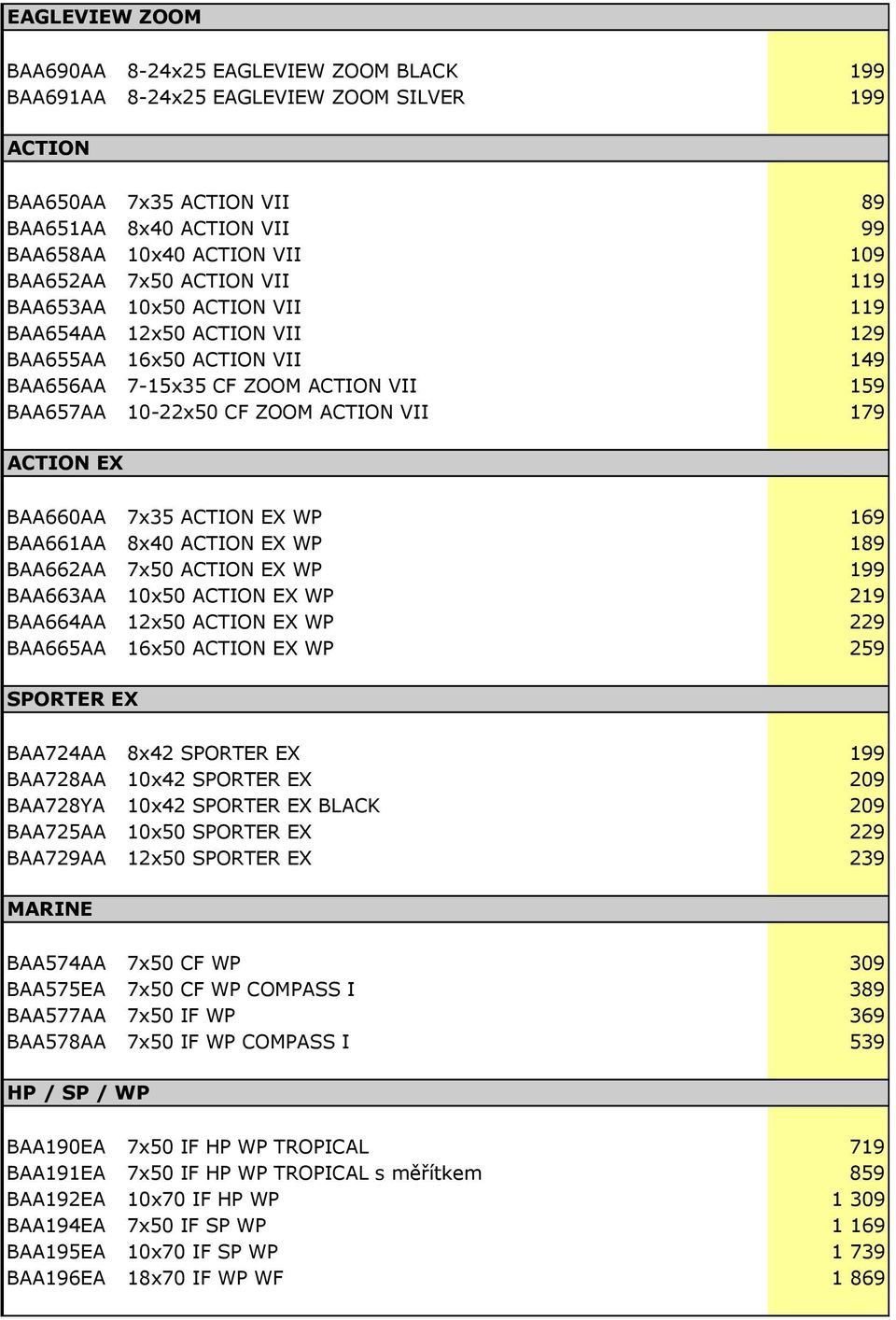 ACTION EX BAA660AA 7x35 ACTION EX WP 169 BAA661AA 8x40 ACTION EX WP 189 BAA662AA 7x50 ACTION EX WP 199 BAA663AA 10x50 ACTION EX WP 219 BAA664AA 12x50 ACTION EX WP 229 BAA665AA 16x50 ACTION EX WP 259