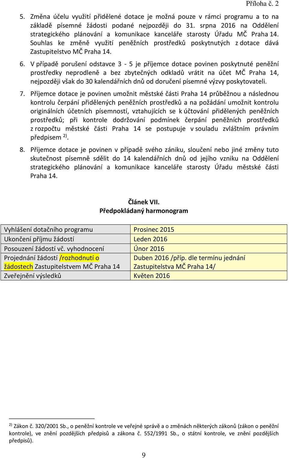 6. V případě porušení odstavce 3-5 je příjemce dotace povinen poskytnuté peněžní prostředky neprodleně a bez zbytečných odkladů vrátit na účet MČ Praha 14, nejpozději však do 30 kalendářních dnů od