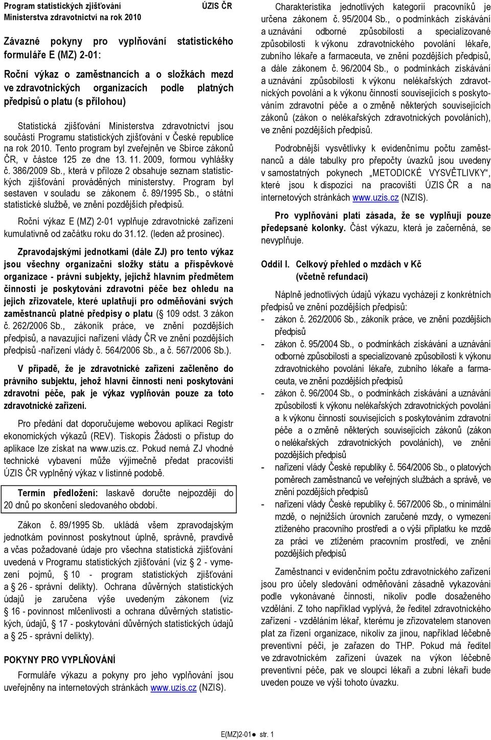 Tento program byl zveřejněn ve Sbírce zákonů ČR, v částce 125 ze dne 13. 11. 2009, formou vyhlášky č. 386/2009 Sb., která v příloze 2 obsahuje seznam statistických zjišťování prováděných ministerstvy.