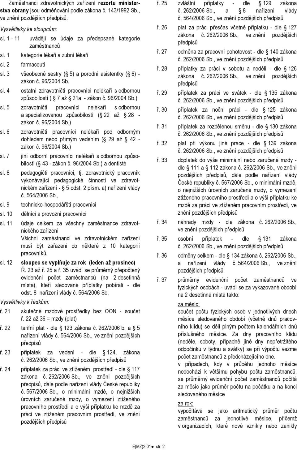 96/2004 Sb.) sl. 5 zdravotničtí pracovníci nelékaři s odbornou a specializovanou způsobilostí ( 22 až 28 - zákon č. 96/2004 Sb.) sl. 6 zdravotničtí pracovníci nelékaři pod odborným dohledem nebo přímým vedením ( 29 až 42 - zákon č.