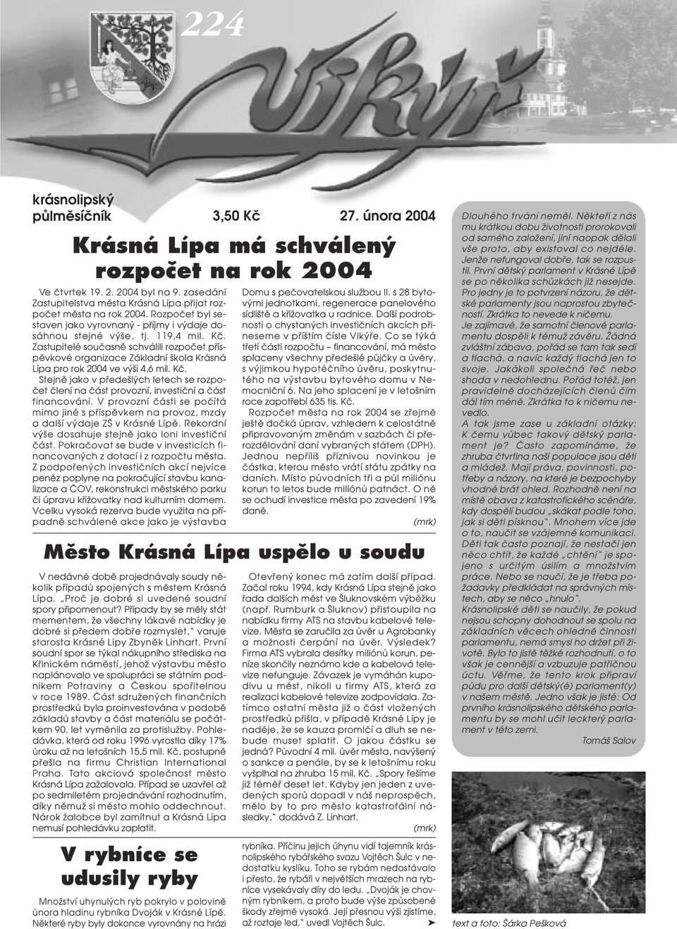 Zastupitelé souãasnû schválili rozpoãet pfiíspûvkové organizace Základní kola Krásná Lípa pro rok 2004 ve v i 4,6 mil. Kã.