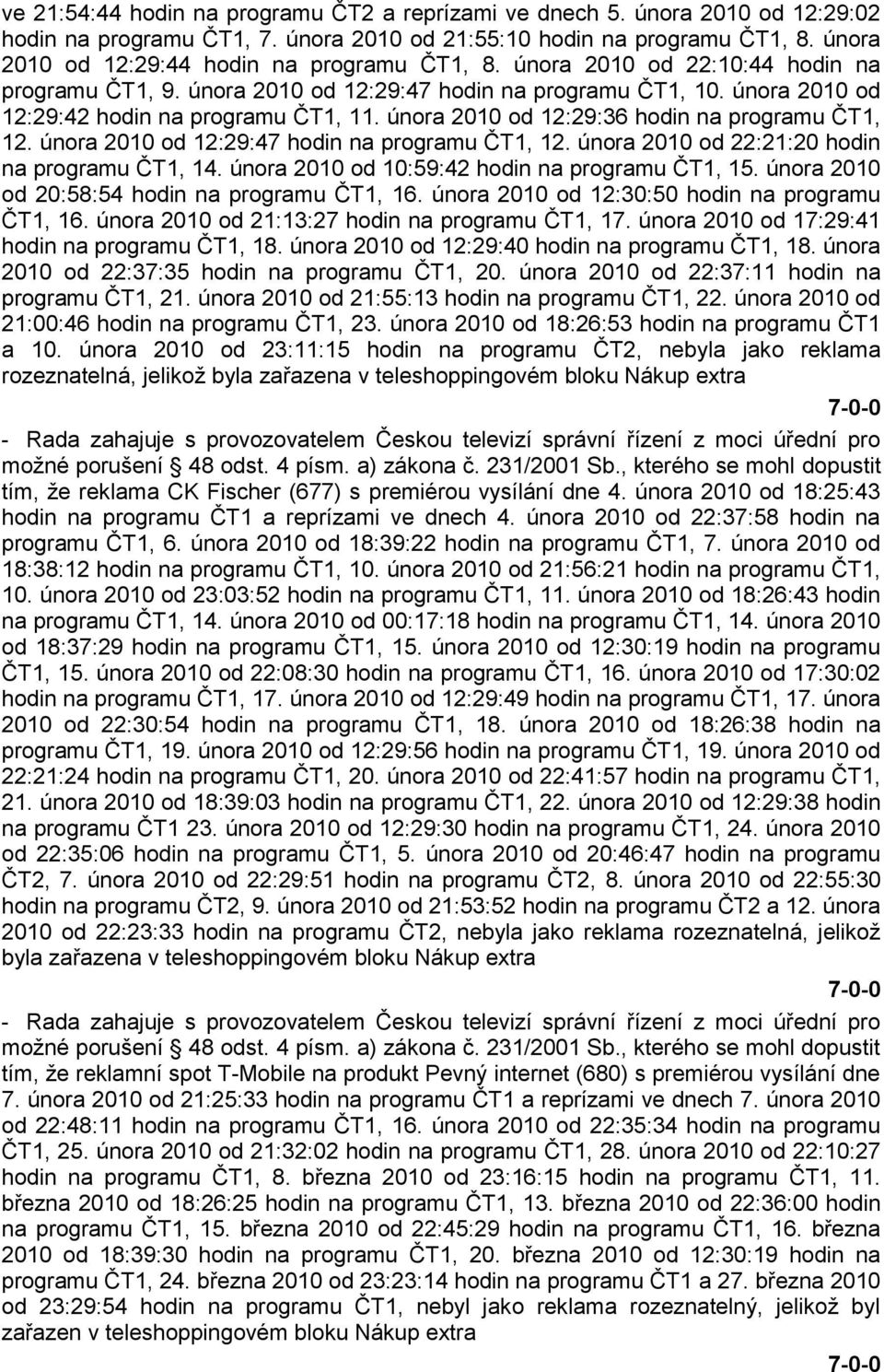 února 2010 od 12:29:36 hodin na programu ČT1, 12. února 2010 od 12:29:47 hodin na programu ČT1, 12. února 2010 od 22:21:20 hodin na programu ČT1, 14. února 2010 od 10:59:42 hodin na programu ČT1, 15.