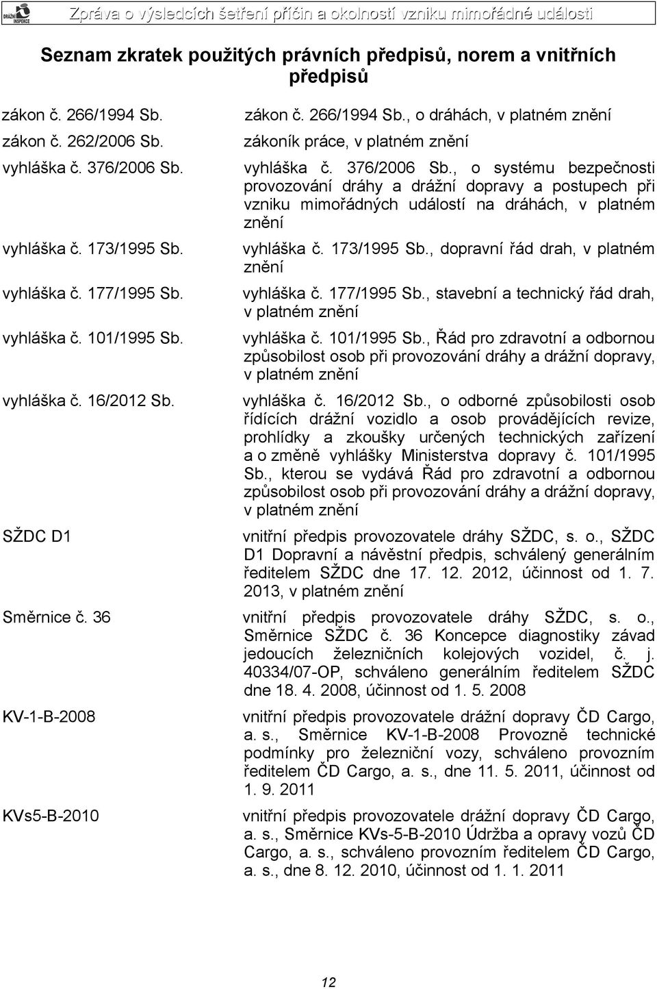 376/2006 Sb., o systému bezpečnosti provozování dráhy a drážní dopravy a postupech při vzniku mimořádných událostí na dráhách, v platném znění vyhláška č. 173/1995 Sb.