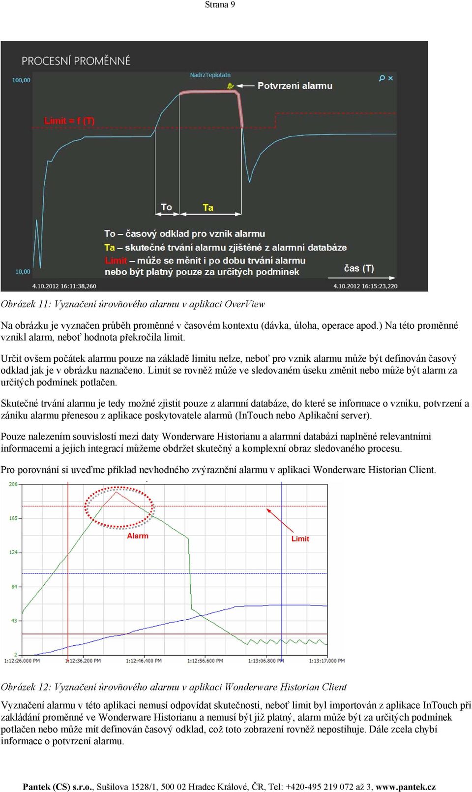 Určit ovšem počátek alarmu pouze na základě limitu nelze, neboť pro vznik alarmu může být definován časový odklad jak je v obrázku naznačeno.