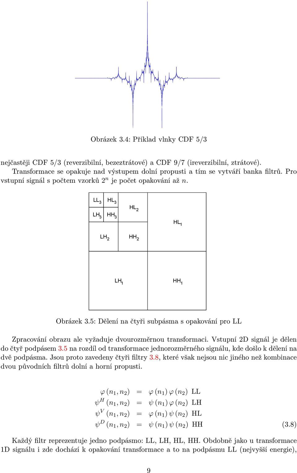 5: Dělení na čtyři subpásma s opakování pro LL Zpracování obrazu ale vyžaduje dvourozměrnou transformaci. Vstupní 2D signál je dělen do čtyř podpásem 3.