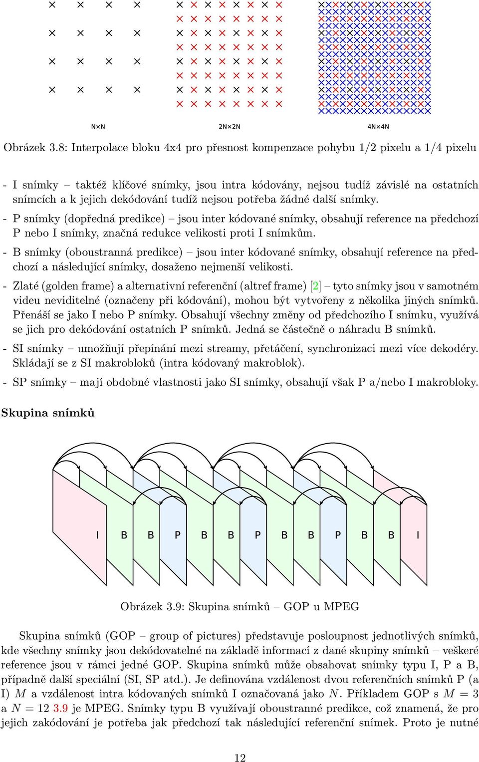 tudíž nejsou potřeba žádné další snímky. - P snímky (dopředná predikce) jsou inter kódované snímky, obsahují reference na předchozí P nebo I snímky, značná redukce velikosti proti I snímkům.