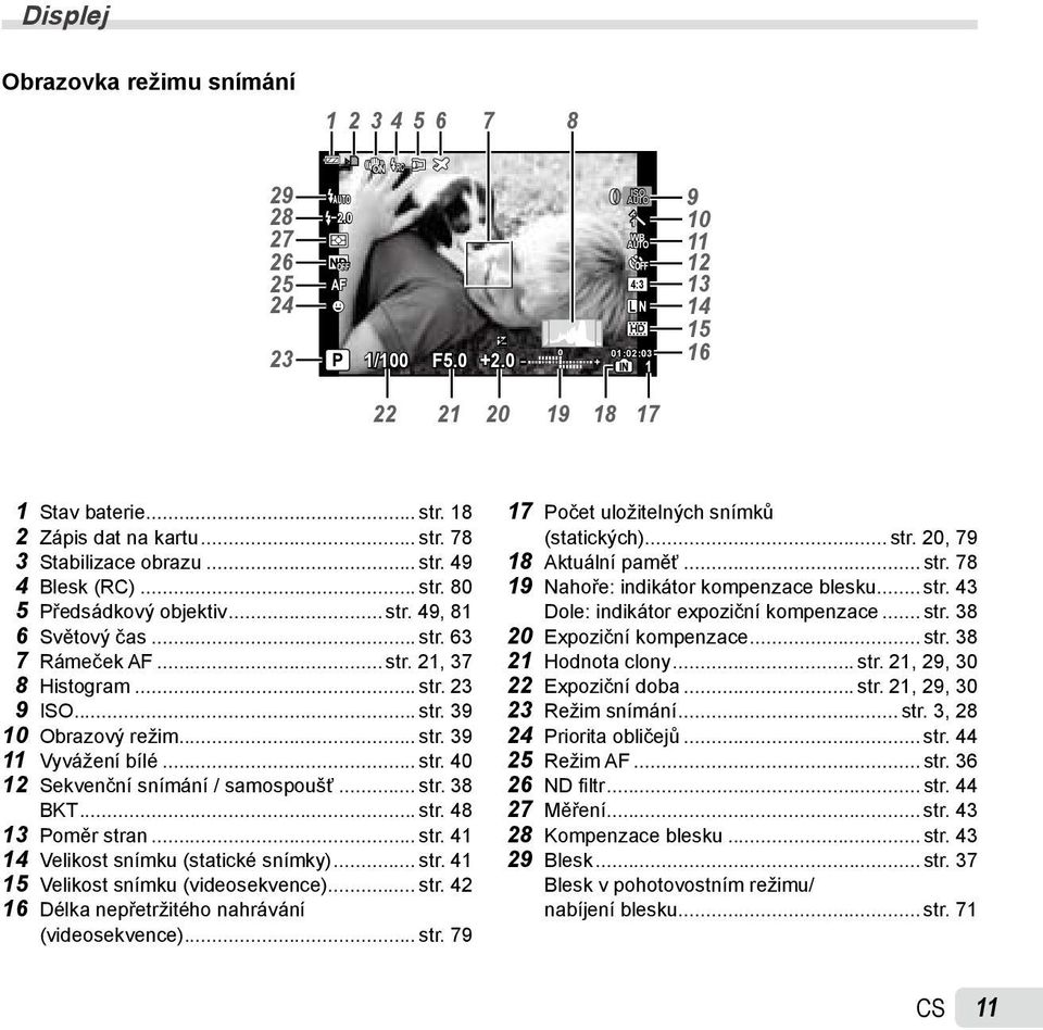 .. str. 39 10 Obrazový režim... str. 39 11 Vyvážení bílé... str. 40 12 Sekvenční snímání / samospoušť... str. 38 BKT... str. 48 13 Poměr stran... str. 41 14 Velikost snímku (statické snímky)... str. 41 15 Velikost snímku (videosekvence).