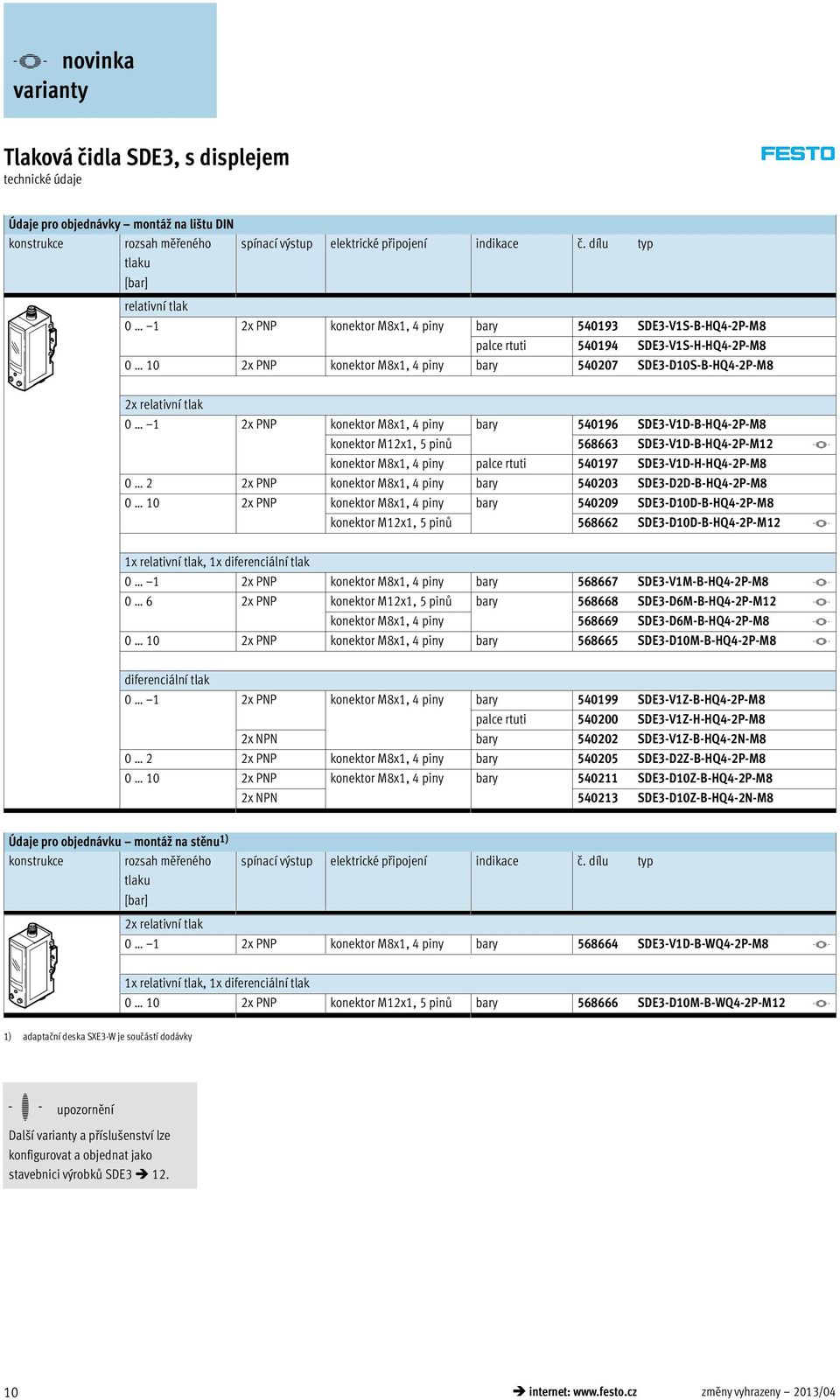 SDE3-D10S-B-HQ4-2P-M8 2x relativní tlak 0 1 2x PNP konektor M8x1, 4 piny bary 540196 SDE3-V1D-B-HQ4-2P-M8 konektor M12x1, 5 pinů 568663 SDE3-V1D-B-HQ4-2P-M12 -Vkonektor M8x1, 4 piny palce rtuti