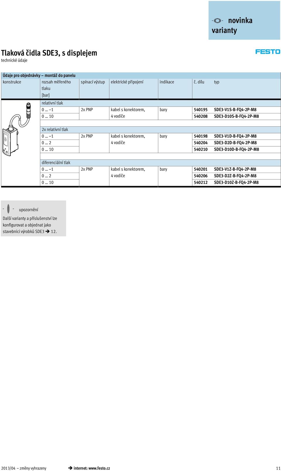 bary 540198 SDE3-V1D-B-FQ4-2P-M8 0 2 4 vodiče 540204 SDE3-D2D-B-FQ4-2P-M8 0 10 540210 SDE3-D10D-B-FQ4-2P-M8 diferenciální tlak 0 1 2x PNP kabel s konektorem, bary 540201