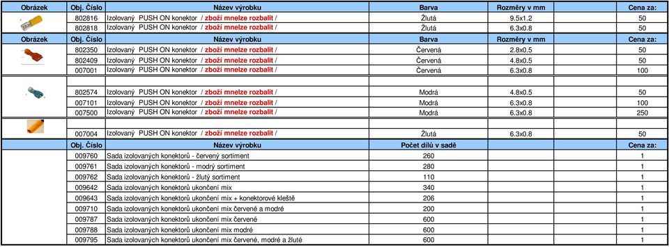 Číslo Název výrobku Barva Rozměry v mm Cena za: 802350 Izolovaný PUSH ON konektor / zboží mnelze rozbalit / Červená 2.8x0.5 50 802409 Izolovaný PUSH ON konektor / zboží mnelze rozbalit / Červená 4.