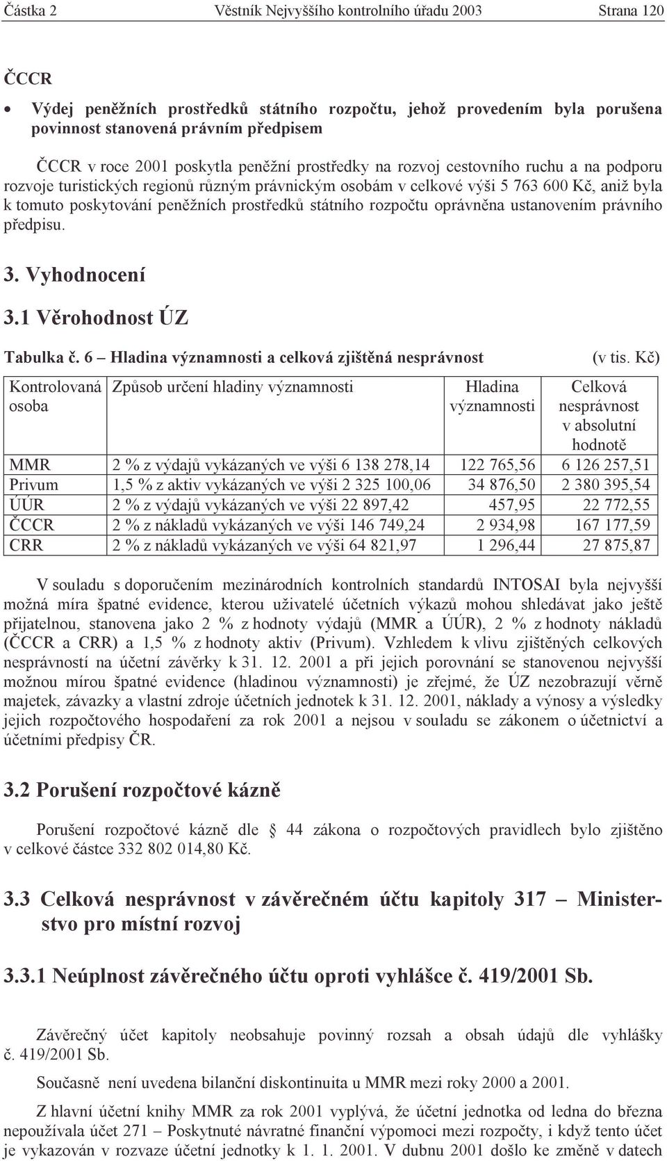 prostředků státního rozpočtu oprávněna ustanovením právního předpisu. 3. Vyhodnocení 3.1 Věrohodnost ÚZ Tabulka č.