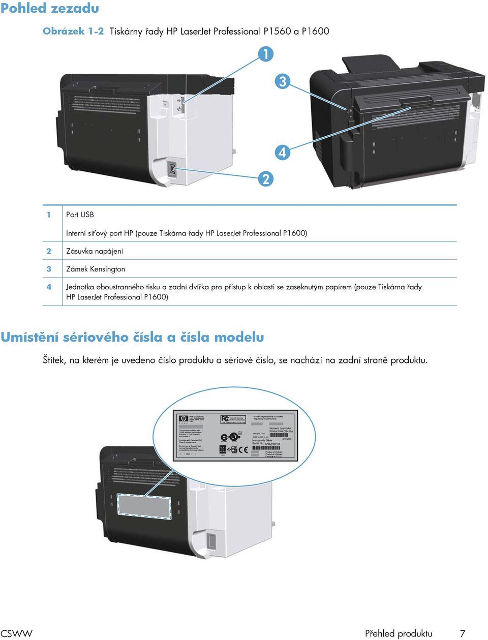 dvířka pro přístup k oblasti se zaseknutým papírem (pouze Tiskárna řady HP LaserJet Professional P1600) Umístění sériového čísla