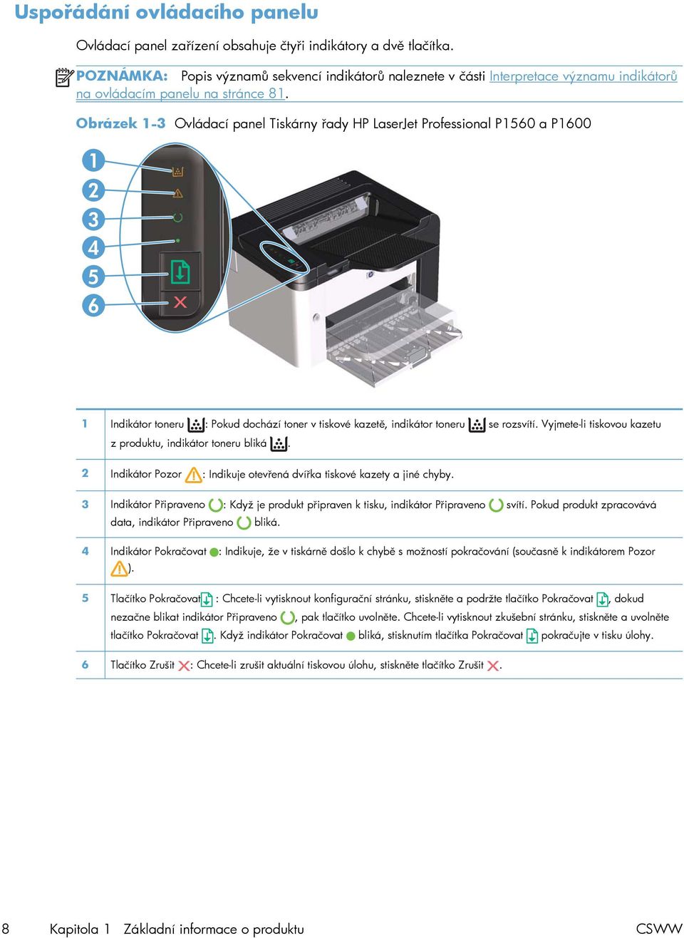 Obrázek 1-3 Ovládací panel Tiskárny řady HP LaserJet Professional P1560 a P1600 1 2 3 4 5 6 1 Indikátor toneru : Pokud dochází toner v tiskové kazetě, indikátor toneru se rozsvítí.