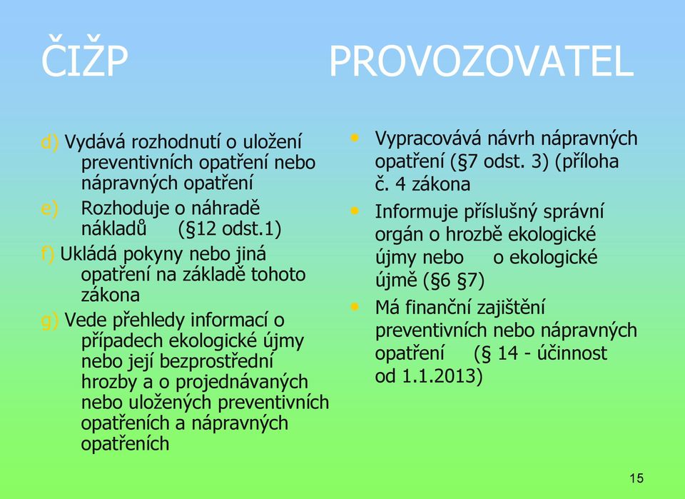 projednávaných nebo uložených preventivních opatřeních a nápravných opatřeních Vypracovává návrh nápravných opatření ( 7 odst. 3) (příloha č.