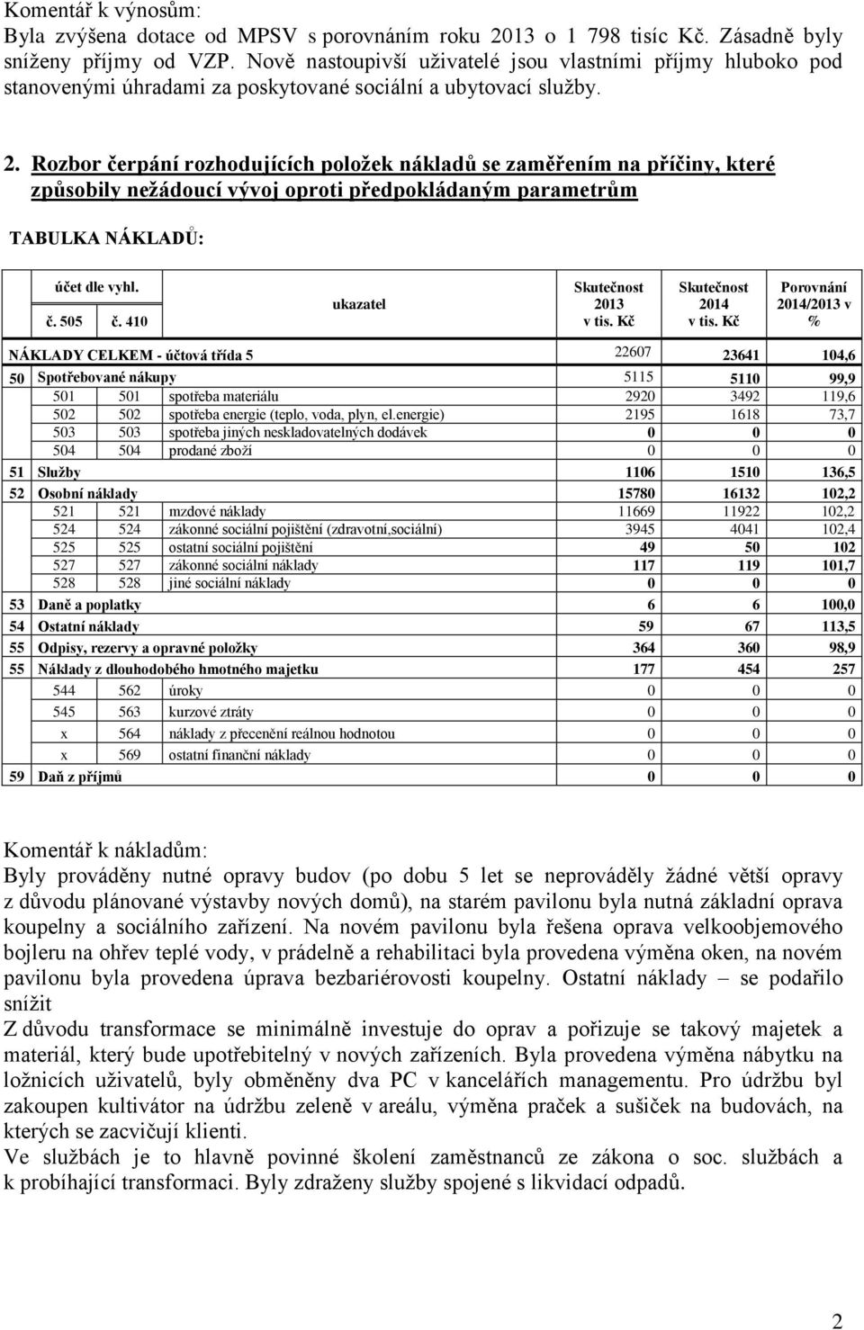 Rozbor čerpání rozhodujících položek nákladů se zaměřením na příčiny, které způsobily nežádoucí vývoj oproti předpokládaným parametrům TABULKA NÁKLADŮ: účet dle vyhl. č. 505 č.