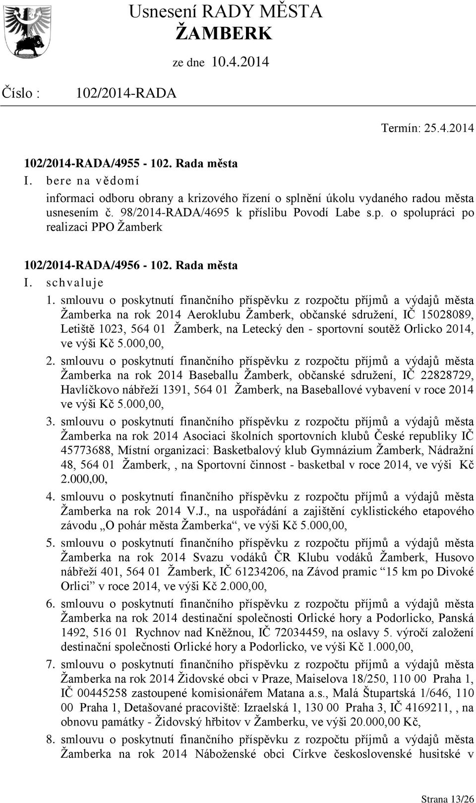 smlouvu o poskytnutí finančního příspěvku z rozpočtu příjmů a výdajů města Žamberka na rok 2014 Aeroklubu Žamberk, občanské sdružení, IČ 15028089, Letiště 1023, 564 01 Žamberk, na Letecký den -