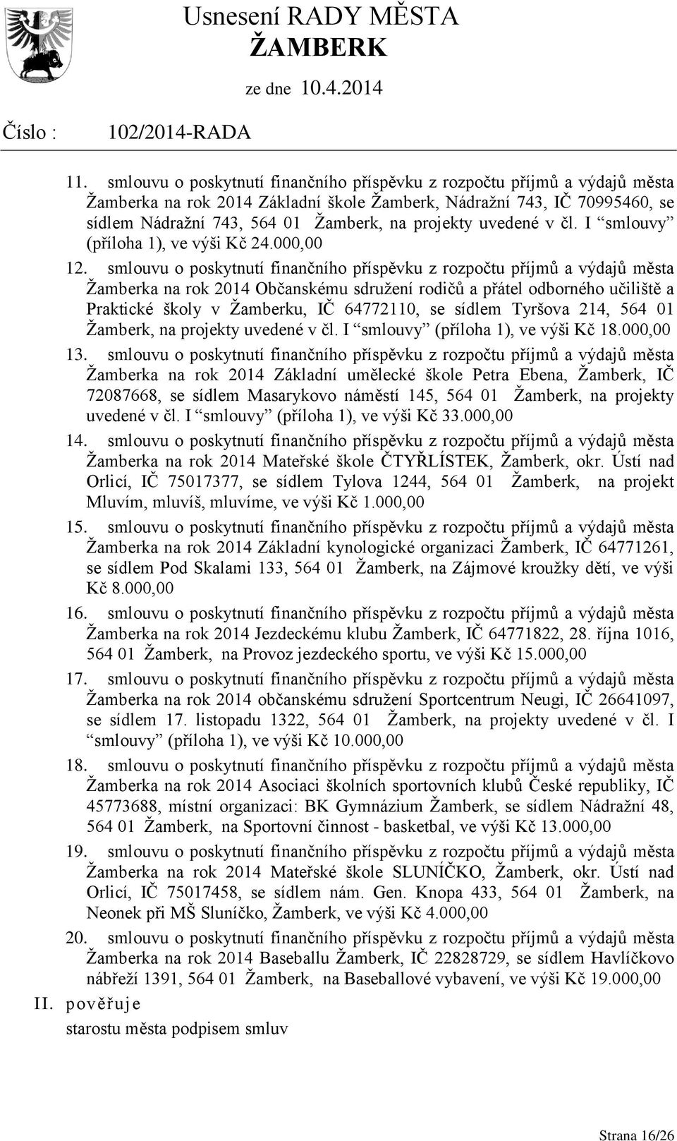 smlouvu o poskytnutí finančního příspěvku z rozpočtu příjmů a výdajů města Žamberka na rok 2014 Občanskému sdružení rodičů a přátel odborného učiliště a Praktické školy v Žamberku, IČ 64772110, se