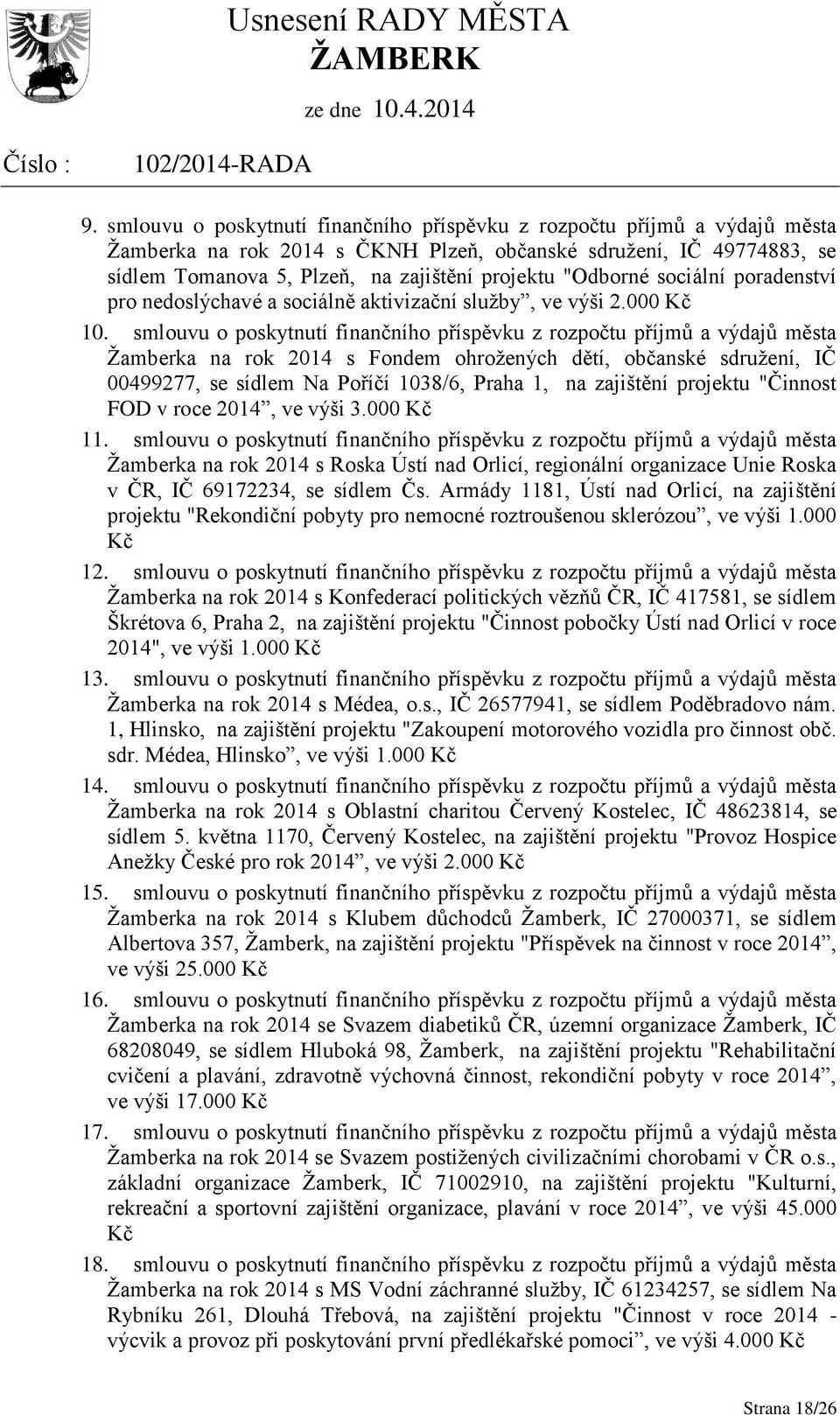 smlouvu o poskytnutí finančního příspěvku z rozpočtu příjmů a výdajů města Žamberka na rok 2014 s Fondem ohrožených dětí, občanské sdružení, IČ 00499277, se sídlem Na Poříčí 1038/6, Praha 1, na