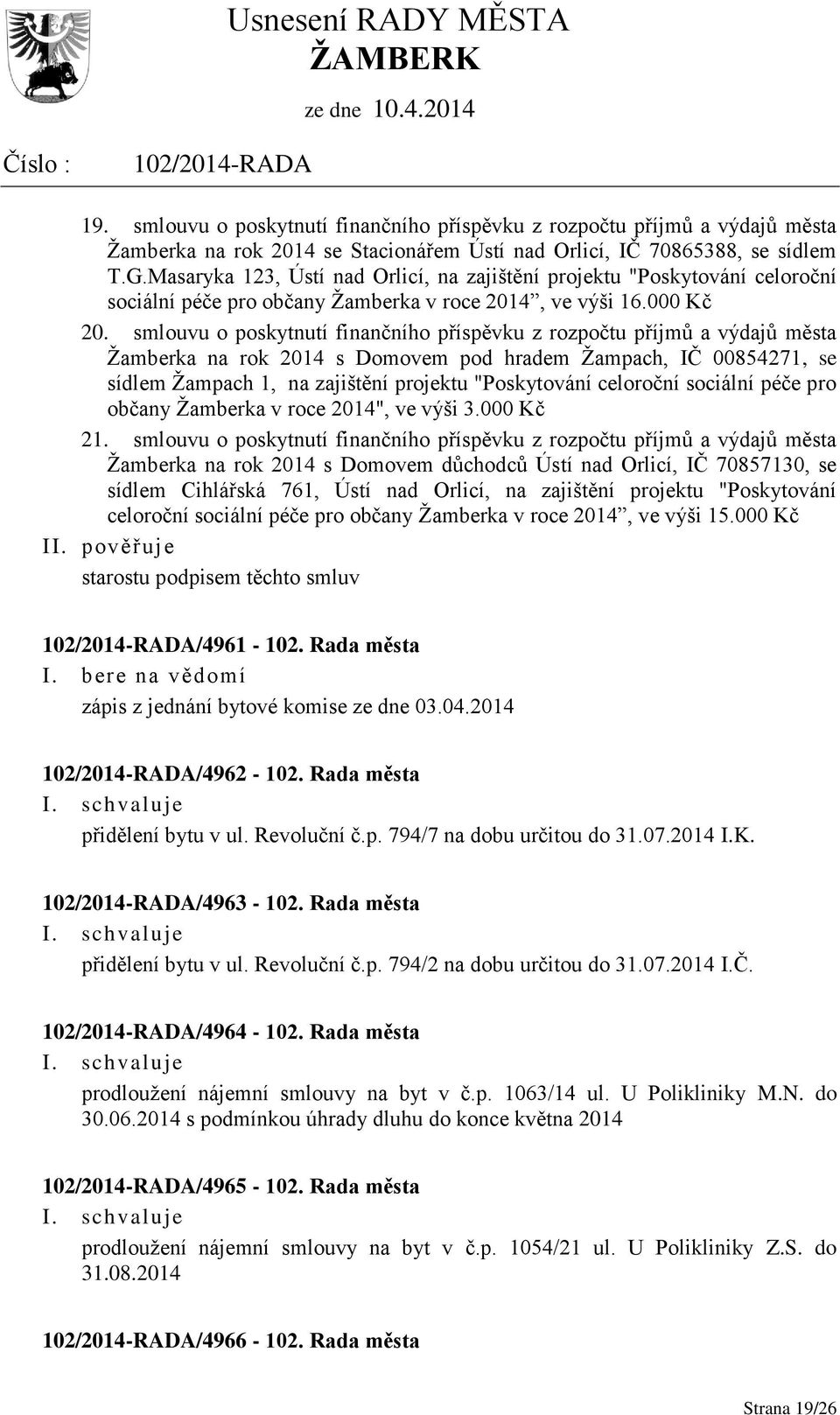 smlouvu o poskytnutí finančního příspěvku z rozpočtu příjmů a výdajů města Žamberka na rok 2014 s Domovem pod hradem Žampach, IČ 00854271, se sídlem Žampach 1, na zajištění projektu "Poskytování