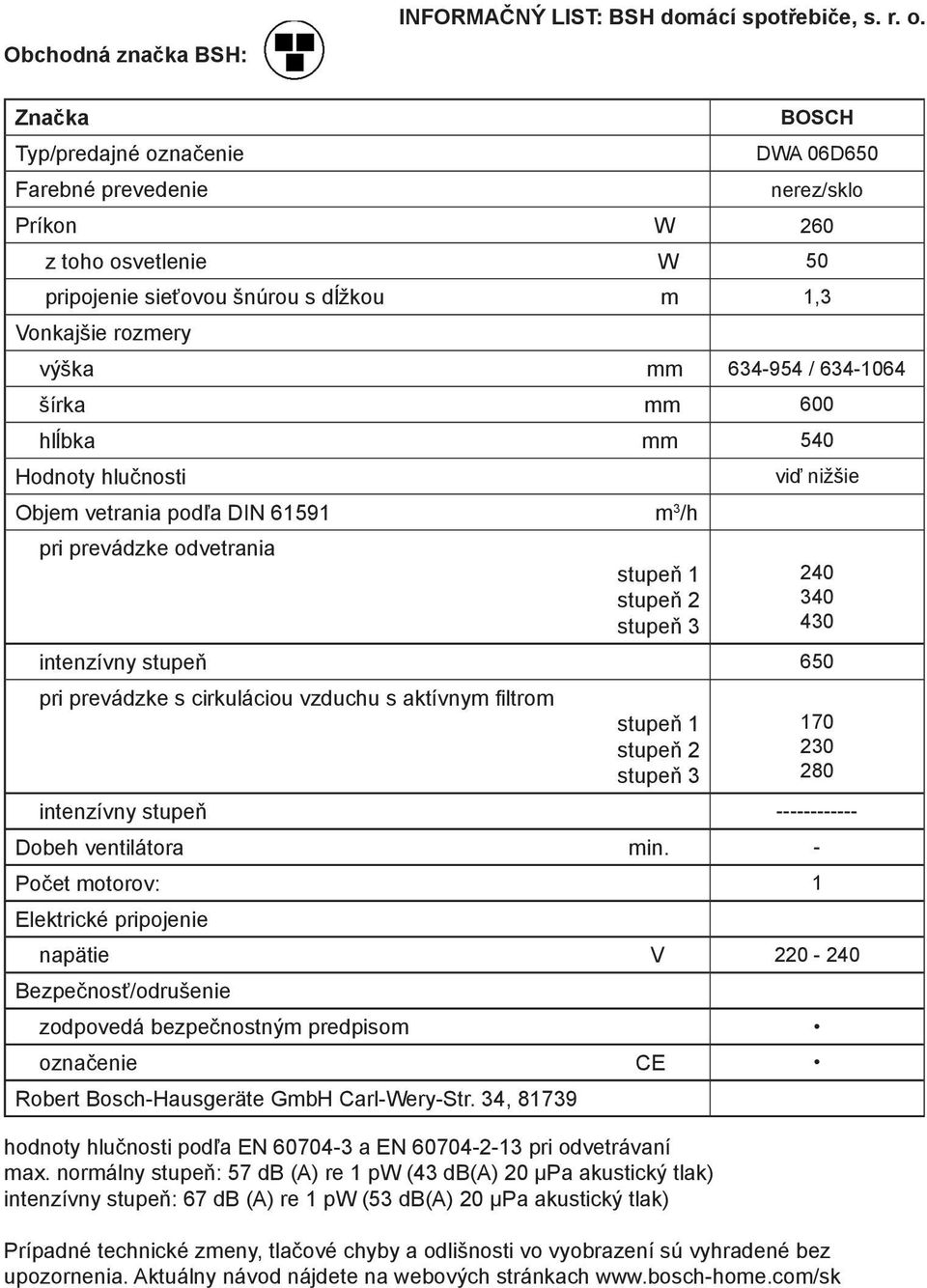 600 hlĺbka mm 540 Objem vetrania podľa DIN 61591 m 3 /h pri prevádzke odvetrania viď nižšie intenzívny stupeň 650 pri prevádzke s cirkuláciou vzduchu s aktívnym filtrom intenzívny stupeň ------------