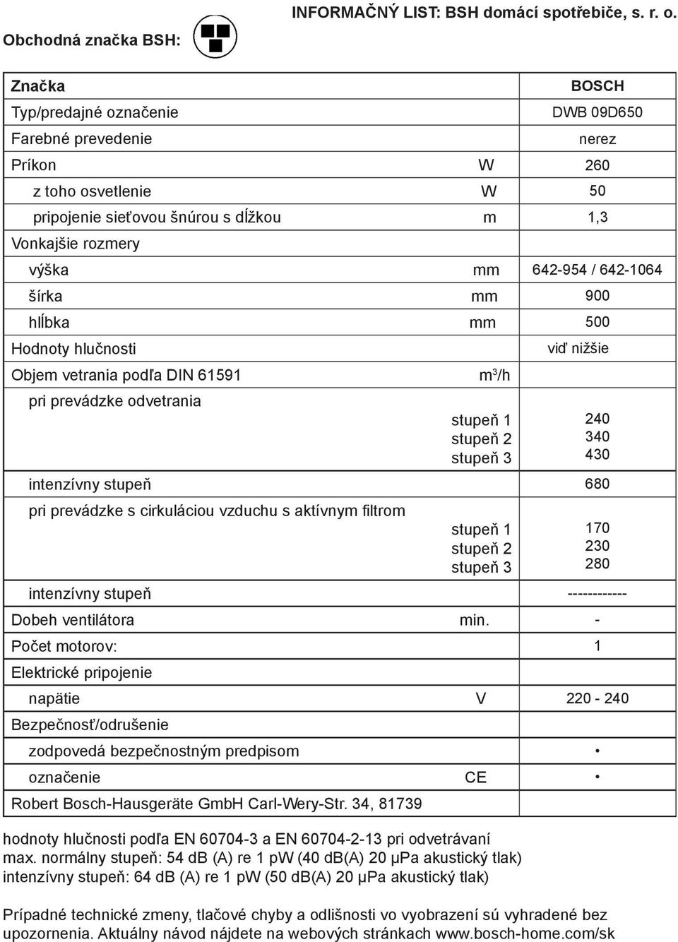 hlĺbka mm 500 Objem vetrania podľa DIN 61591 m 3 /h pri prevádzke odvetrania viď nižšie intenzívny stupeň 680 pri prevádzke s cirkuláciou vzduchu s aktívnym filtrom intenzívny stupeň ------------