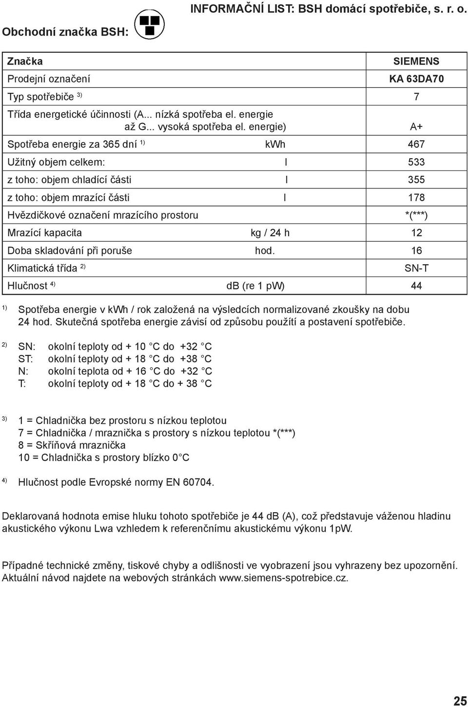 energie) A+ Spotřeba energie za 365 dní kwh 467 Užitný objem celkem: l 533 z toho: objem chladící části l 355 z toho: objem mrazící části l 178 Hvězdičkové označení mrazícího prostoru *(***) Mrazící