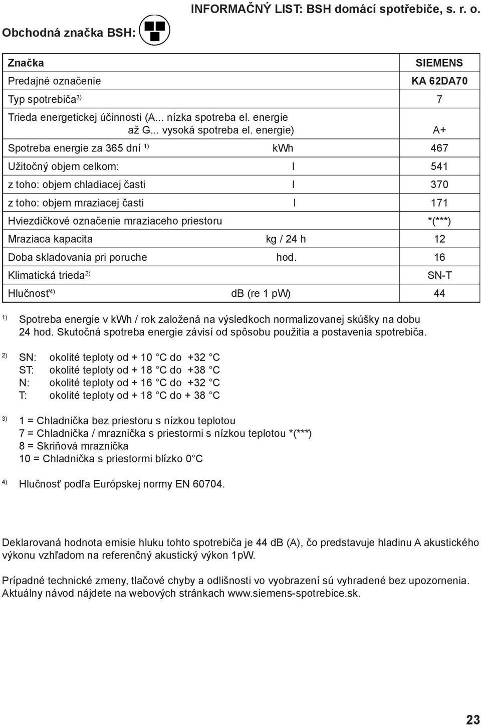 energie) A+ Spotreba energie za 365 dní kwh 467 Užitočný objem celkom: l 541 z toho: objem chladiacej časti l 370 z toho: objem mraziacej časti l 171 Hviezdičkové označenie mraziaceho priestoru