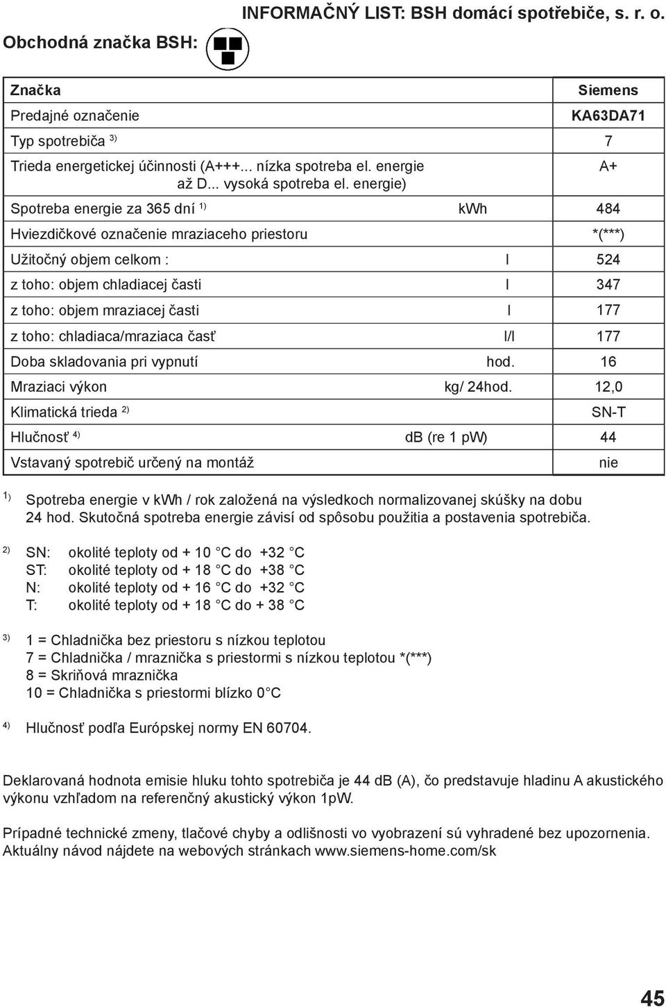 energie) Spotreba energie za 365 dní kwh 484 Hviezdičkové označenie mraziaceho priestoru *(***) Užitočný objem celkom : l 524 z toho: objem chladiacej časti l 347 z toho: objem mraziacej časti l 177