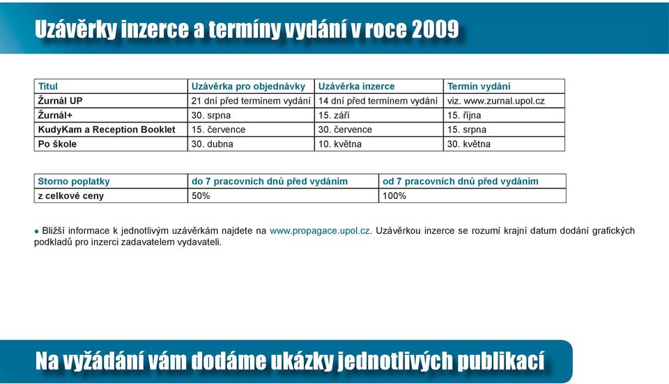 května Storno poplatky do 7 pracovních dnů před vydáním od 7 pracovních dnů před vydáním z celkové ceny 50% 100% Bližší informace k jednotlivým uzávěrkám najdete na www.