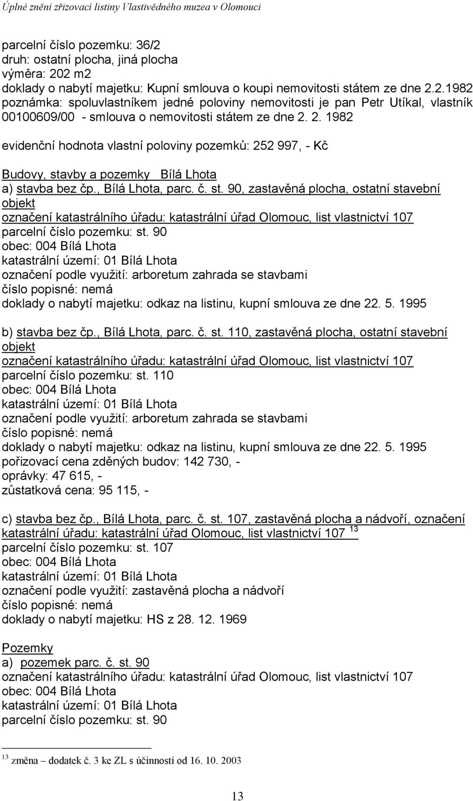 90 označení podle využití: arboretum zahrada se stavbami číslo popisné: nemá doklady o nabytí majetku: odkaz na listinu, kupní smlouva ze dne 22. 5. 1995 b) stavba bez čp., Bílá Lhota, parc. č. st. 110, zastavěná plocha, ostatní stavební objekt parcelní číslo pozemku: st.