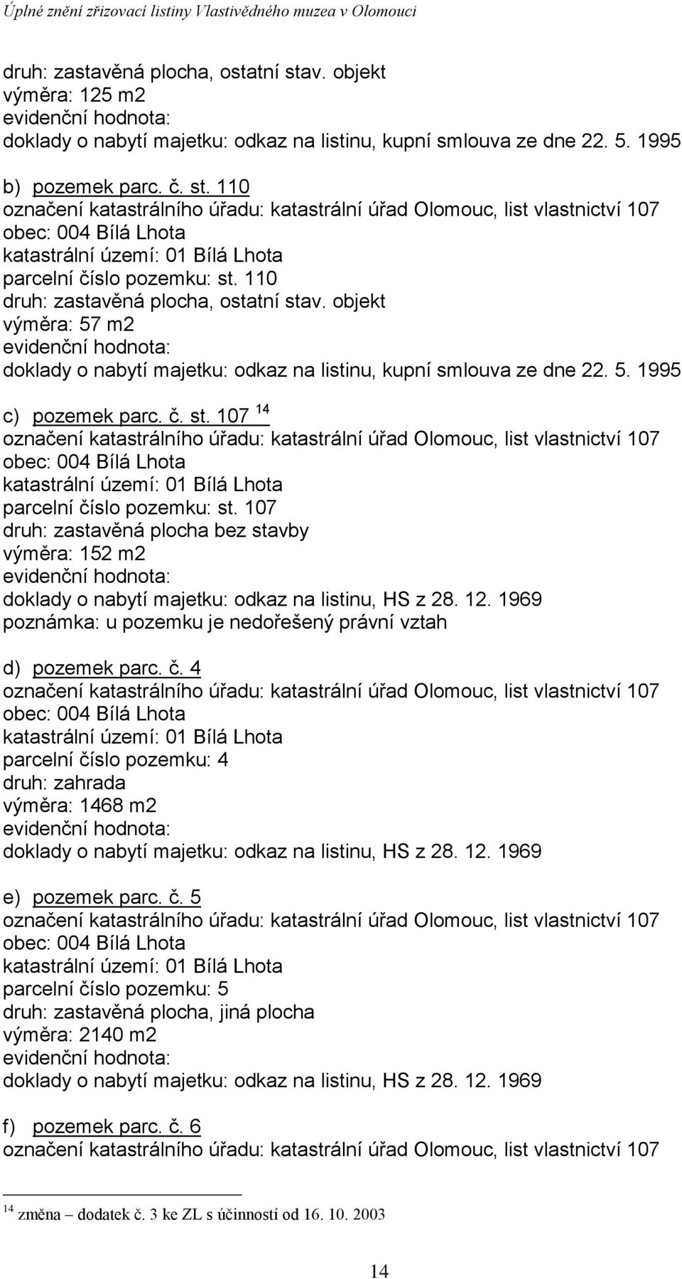 107 druh: zastavěná plocha bez stavby výměra: 152 m2 evidenční hodnota: doklady o nabytí majetku: odkaz na listinu, HS z 28. 12. 1969 poznámka: u pozemku je nedořešený právní vztah d) pozemek parc. č.