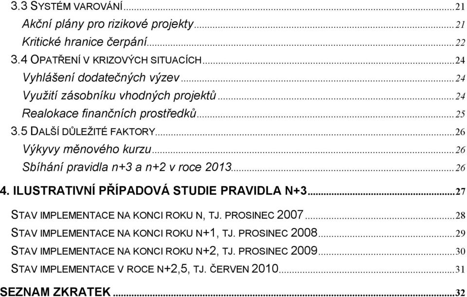 ..26 Sbíhání pravidla n+3 a n+2 v roce 2013...26 4. ILUSTRATIVNÍ PŘÍPADOVÁ STUDIE PRAVIDLA N+3...27 STAV IMPLEMENTACE NA KONCI ROKU N, TJ. PROSINEC 2007.