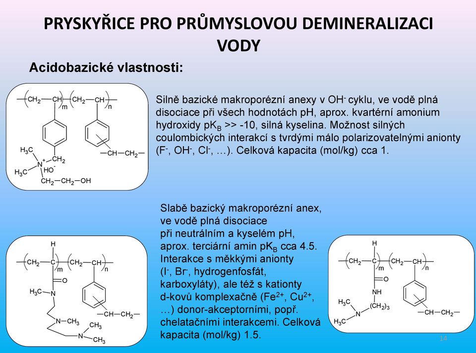 Celková kapacita (ol/kg) cca 1. C 2 3 C C C 2 C 3 C C C 2 C3 C 3 Slabě bazický akroporézí aex, ve vodě plá disociace při eutrálí a kyselé p, aprox. terciárí ai pk B cca 4.5.