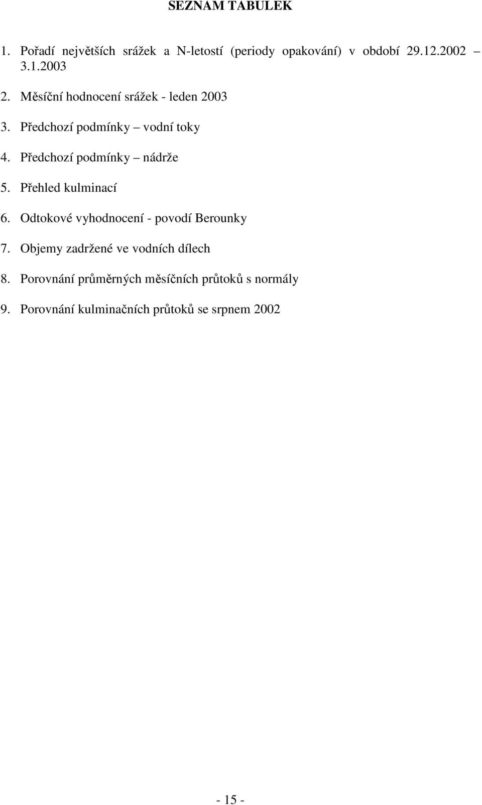 Přehled kulminací 6. Odtokové vyhodnocení - povodí Berounky 7. Objemy zadržené ve vodních dílech 8.