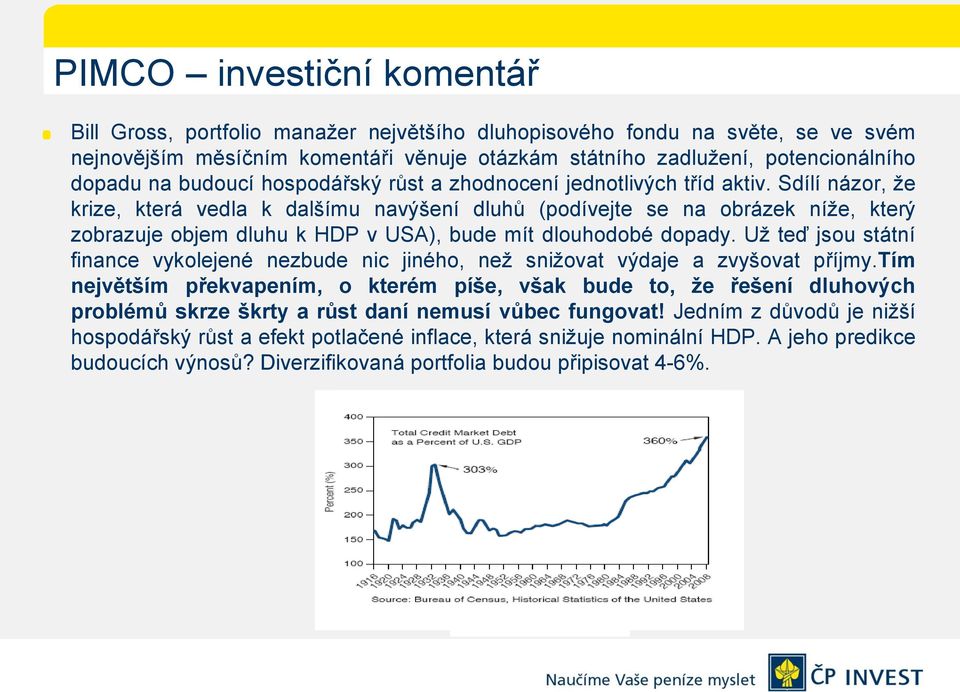 Sdílí názor, že krize, která vedla k dalšímu navýšení dluhů (podívejte se na obrázek níže, který zobrazuje objem dluhu k HDP v USA), bude mít dlouhodobé dopady.