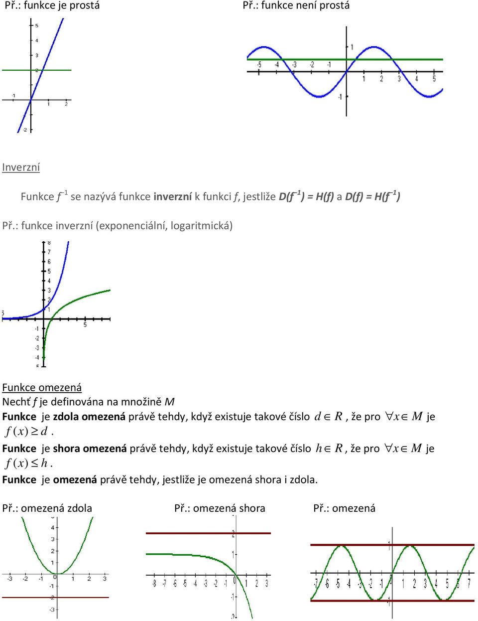 : funkce inverzní (exponenciální, logaritmická) Funkce omezená Nechť f je definována na množině M Funkce je zdola omezená právě tehdy,