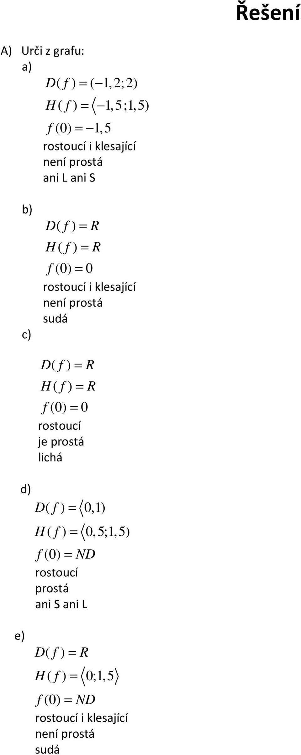 = R H ( f ) = R f (0) = 0 rostoucí je prostá lichá d) D( f ) = 0,1) H ( f ) = 0,5;1,5) f (0) = ND